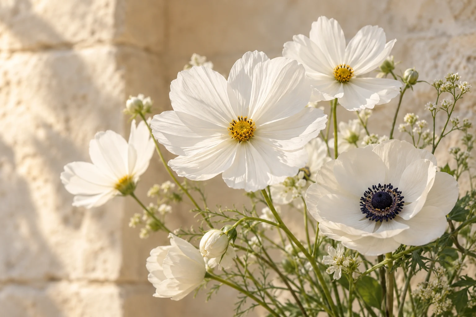 Fleurs blanches baignées de lumière